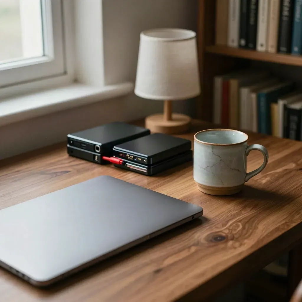 Redigeringshörna med laptop, hårddiskar, kopp och lampa vid en bokhylla.