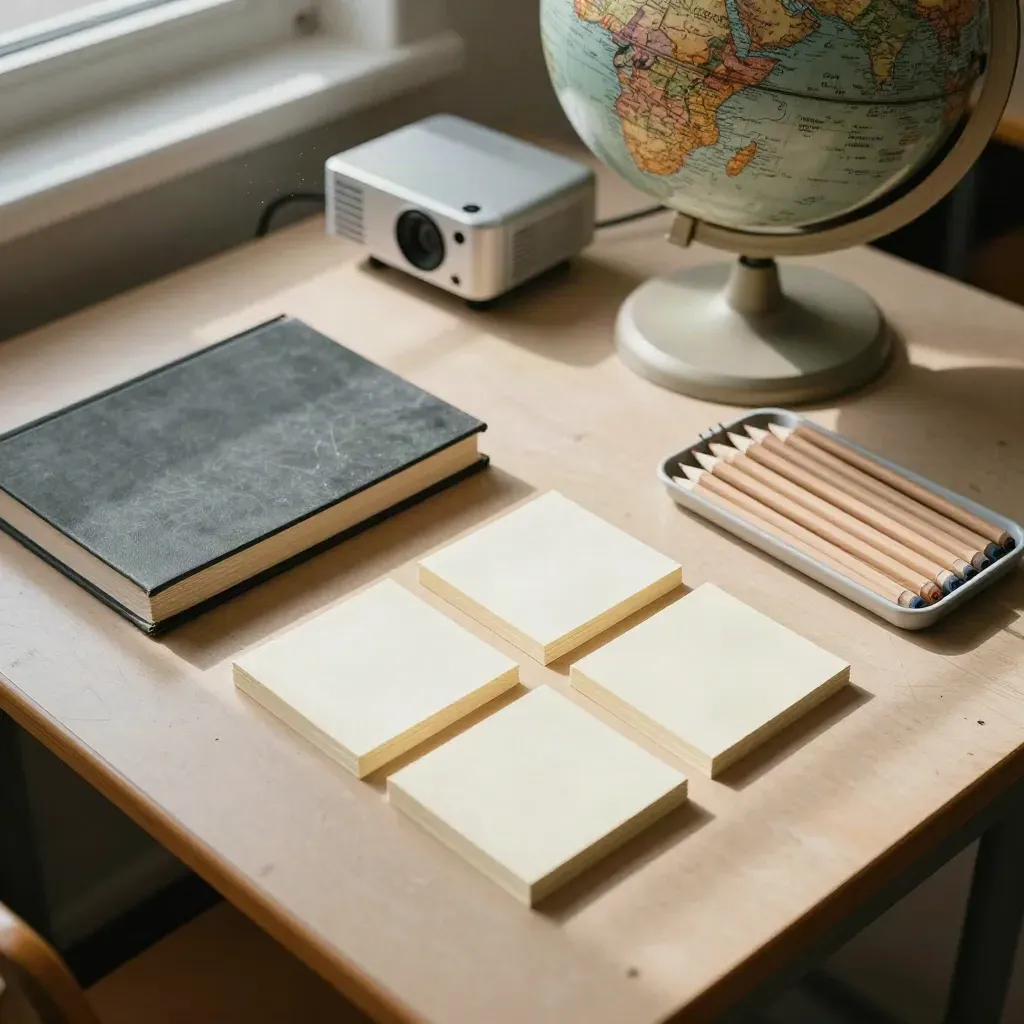 Globus, projektor, böcker, kort och pennor på ett klassrumsbord i morgonljus.