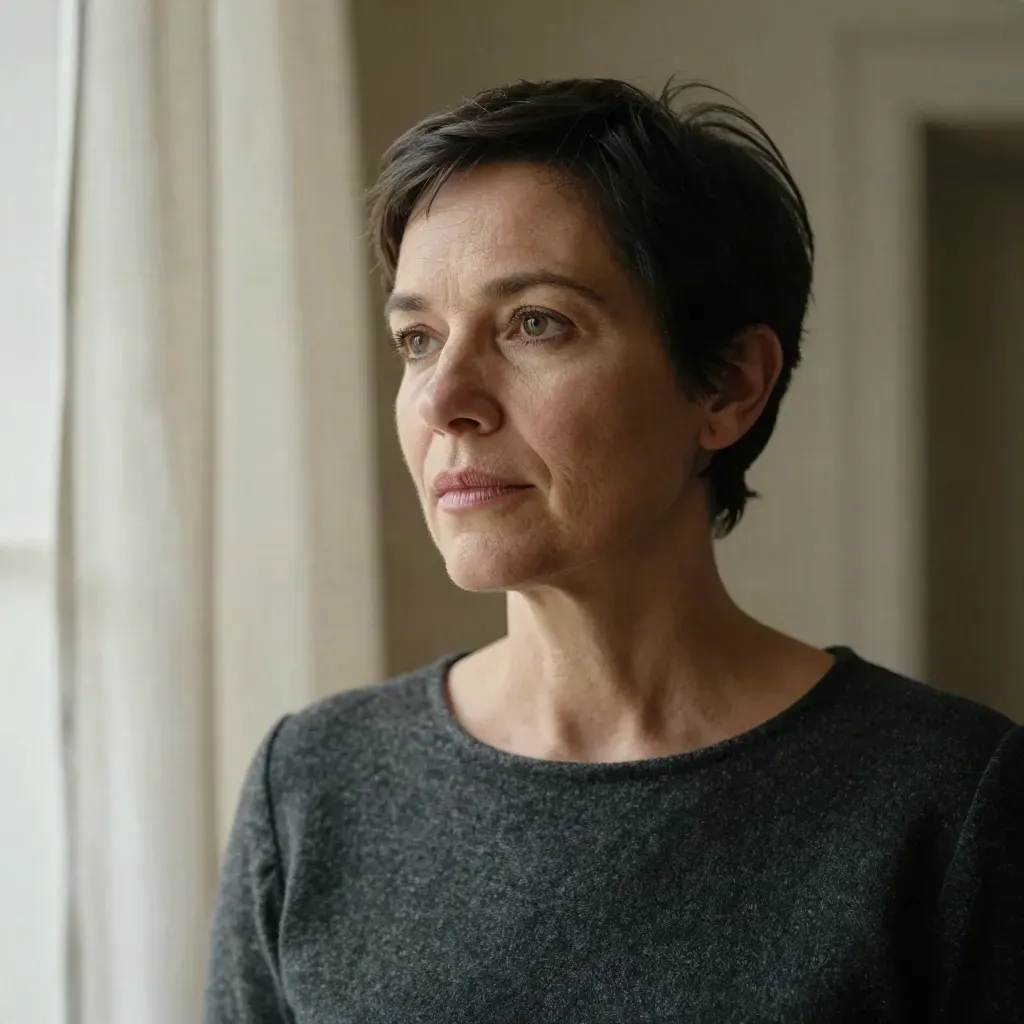 Porträtt av dokumentärfilmaren Malin Andersson mot ljus putsvägg